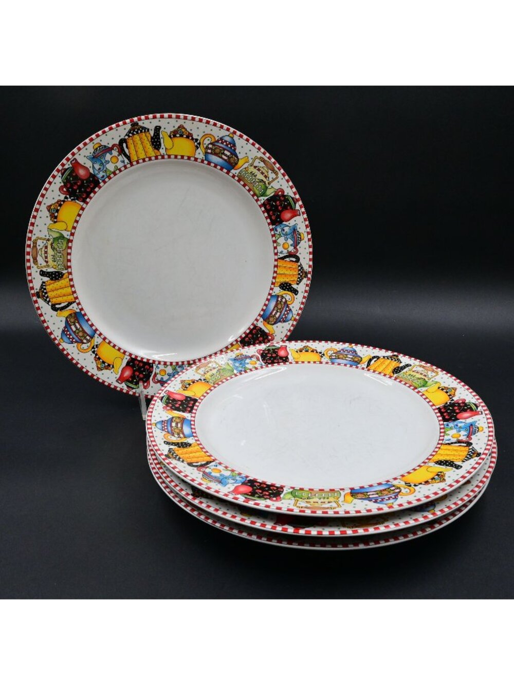Sakura Mary Engelbreit Afternoon Tea Dinner Plates 10.75" Set of 4 Teapot 1994